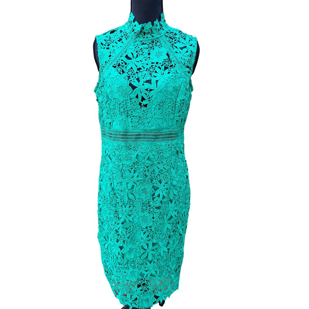 Bardot Womens 8 Green Lace High Neck Sheath Cocktail Dress Sleeveless Midi EUC